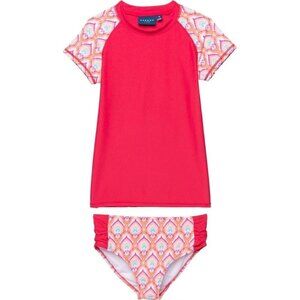 Cabana Life Kids Girls Pink Print Rash Guard Bikini Bottoms Set UPF 50+ 14